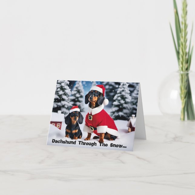 Dachshund a través de la nieve... Tarjeta de Navid (Anverso)