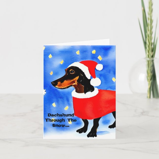 Dachshund A Través De La Nieve. Tarjeta de navidad (Anverso)
