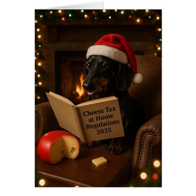 Dachshund 'Cheese Tax' Christmas card (Frente)