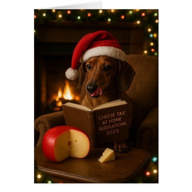 Dachshund 'Cheese Tax' Christmas card (Frente)