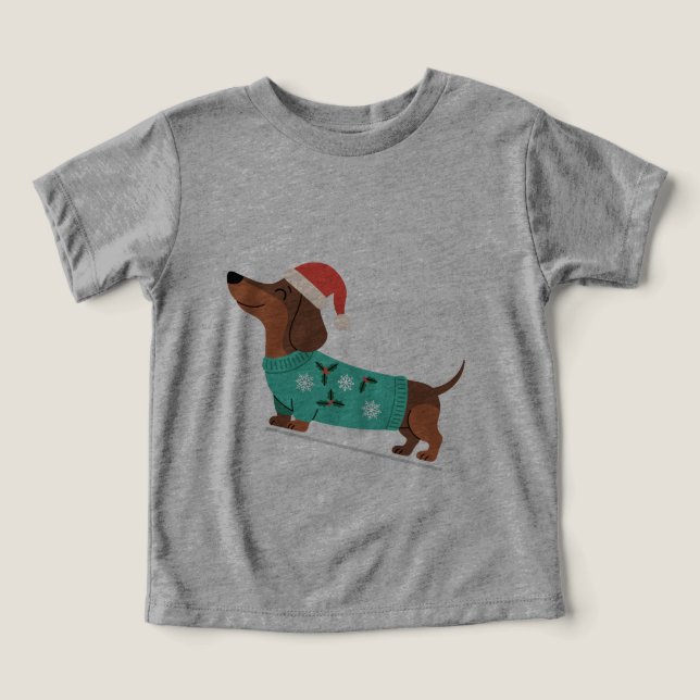 Dachshund con suéter de Navidad y sombrero de Sant (Diseño delantero )