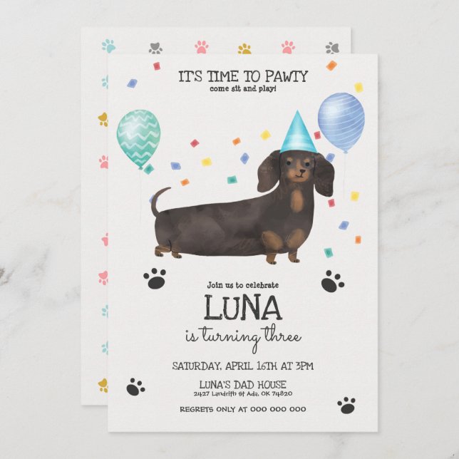 Dachshund Dejó A Pawty Dog Invitación Al Cumpleaño (Anverso / Reverso)