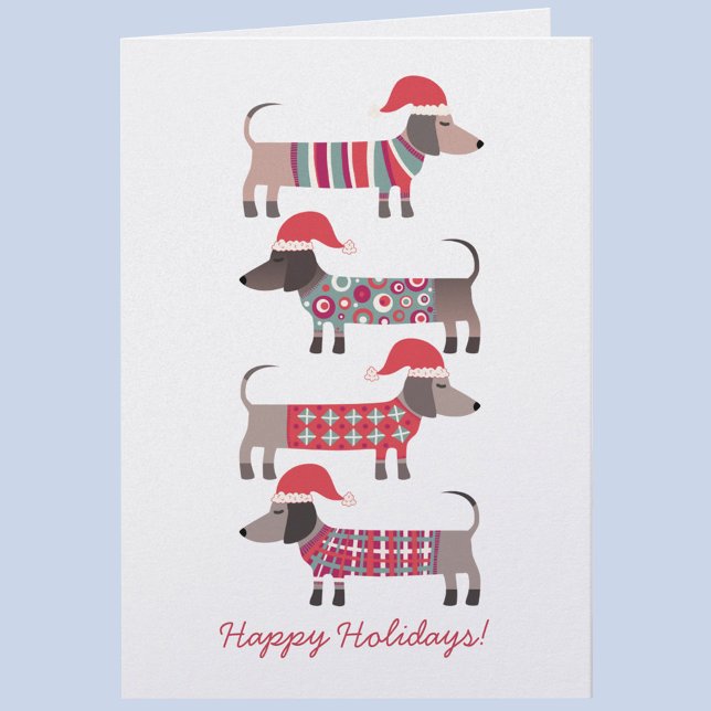 Dachshund Dogs in Santa Hats Christmas  (Fun Dachshund Wiener Saugsage Dogs in wooly jumpers Holiday card)
