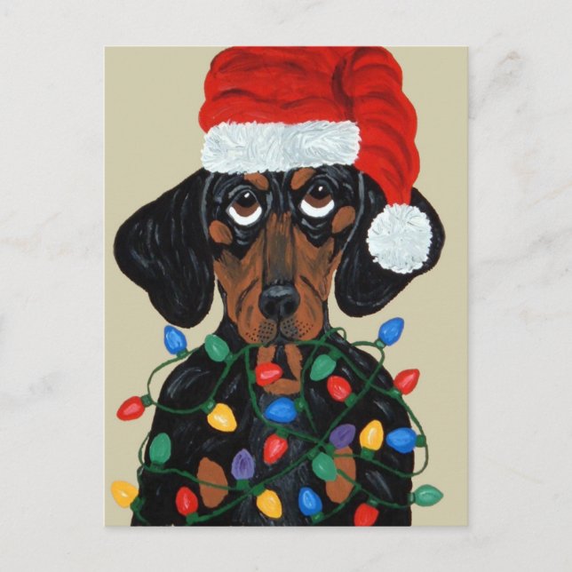 Dachshund Santa enredado en luces de navidad (Anverso)