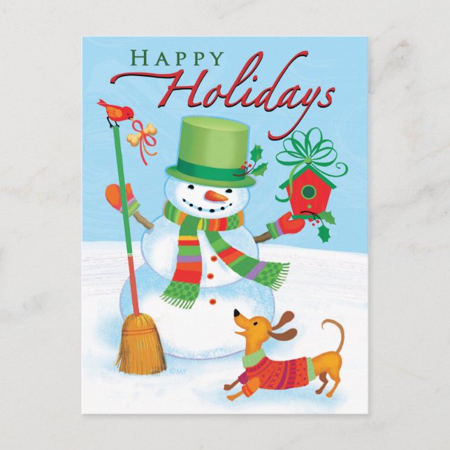 Dachshund Snowman Felices Fiestas Postales de Aves (Anverso)