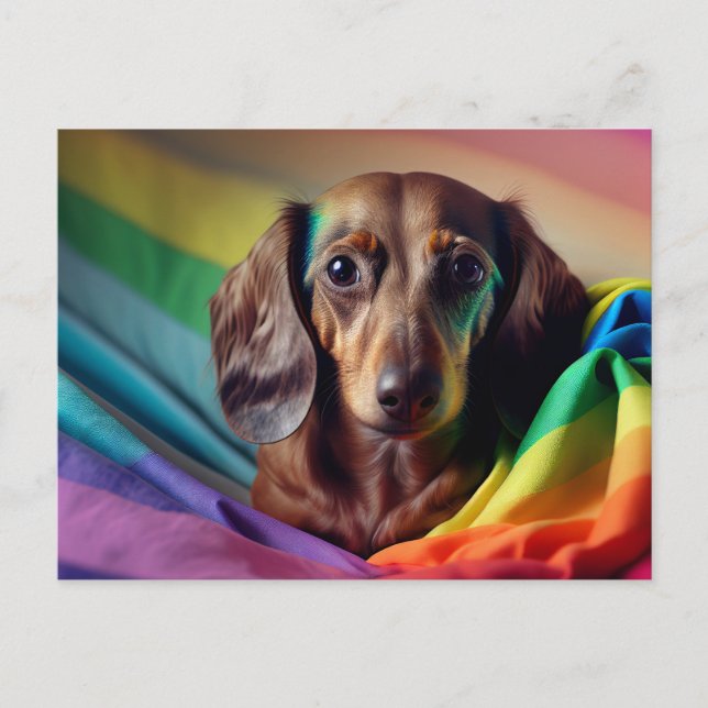 Dachshund sobre la postal de la bandera arcoiris (Anverso)