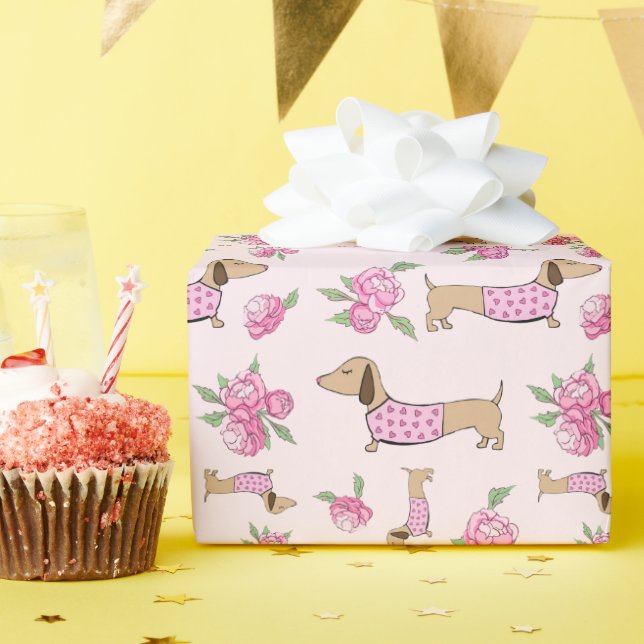 Dachshund Wrapping Papel Pink Floral Gift (Fiesta de cumpleaños )