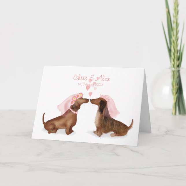 Dachshunds en tarjeta de boda de amor (chica/chica (Anverso)