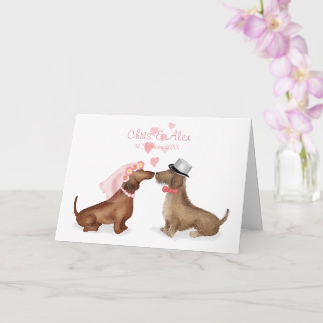 Dachshunds en tarjeta de boda de amor (chica/niño) (Orquídea)