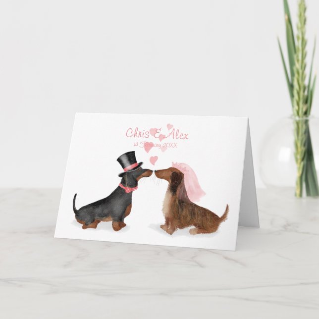 Dachshunds en tarjeta de boda de amor (niño/chica) (Anverso)