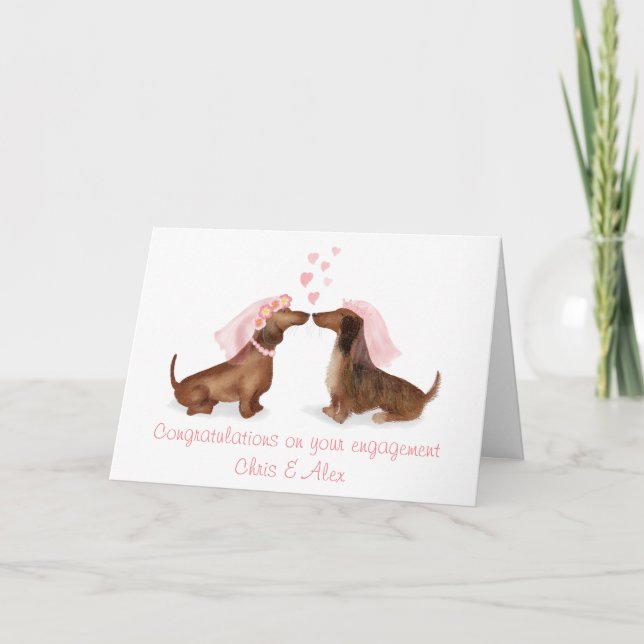 Dachshunds en tarjeta de compromiso de amor (chica (Anverso)
