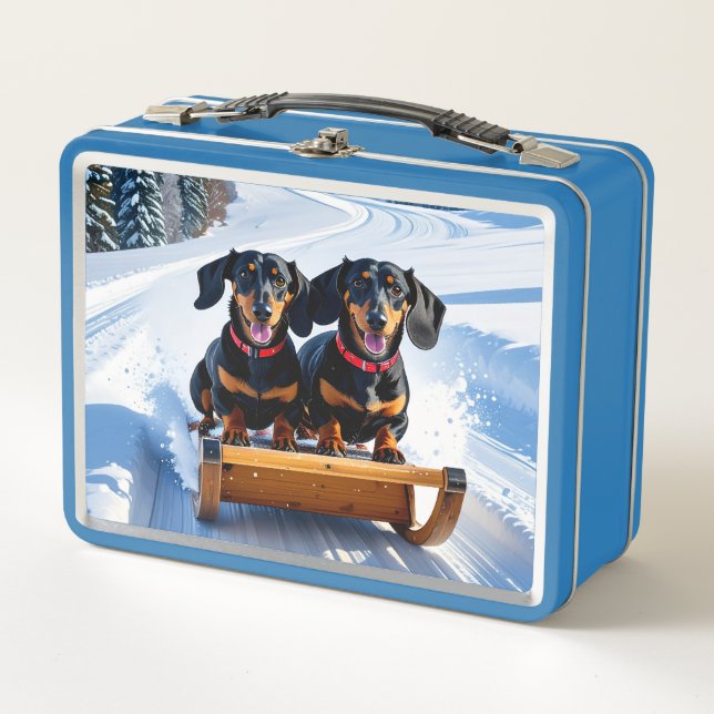 Dachshunds Sled Ride Metalizado Lunch Box (Anverso)