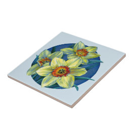 Daffodil amarillo azul fina pintura de arte teja
