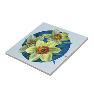 Daffodil amarillo azul fina pintura de arte teja