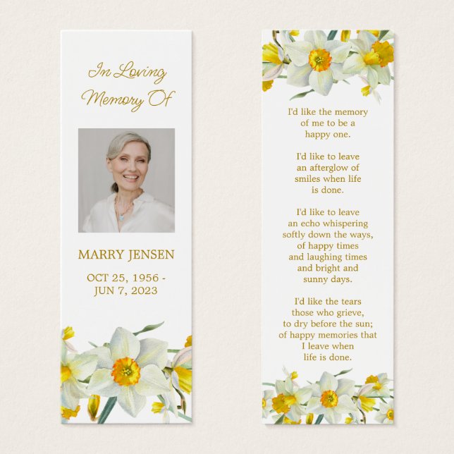 Daffodil Floral Photo Funeral Memorial Bookmark (Anverso y reverso)