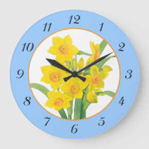 Dafóditos amarillos en el reloj de la pared floral