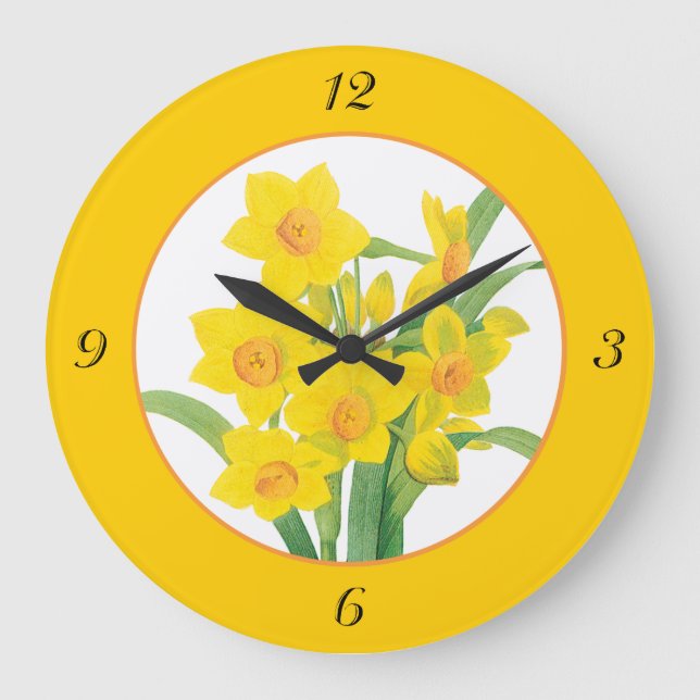 Dafóditos amarillos sobre el reloj floral Naranja  (Anverso)