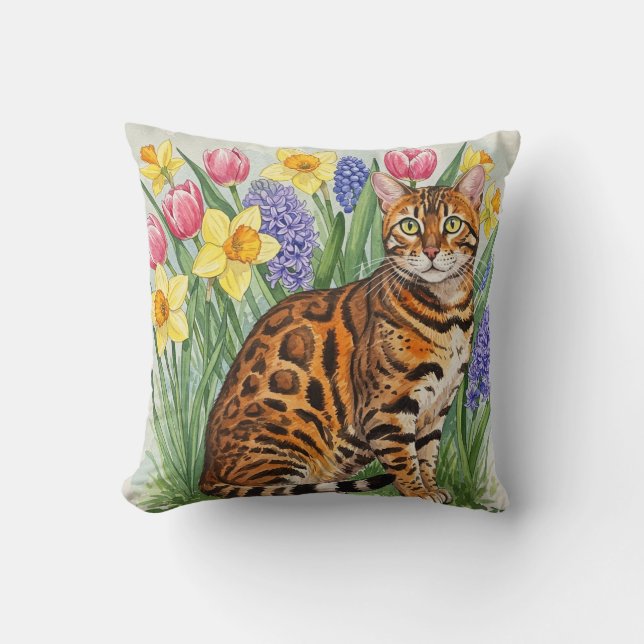 Dafóditos de gatos bengalíes, tulipanes, almohada  (Anverso)