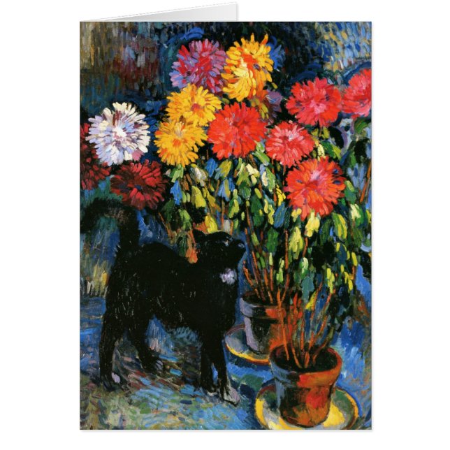 Dahlias y gato negro, pintura artística fina (Frente)