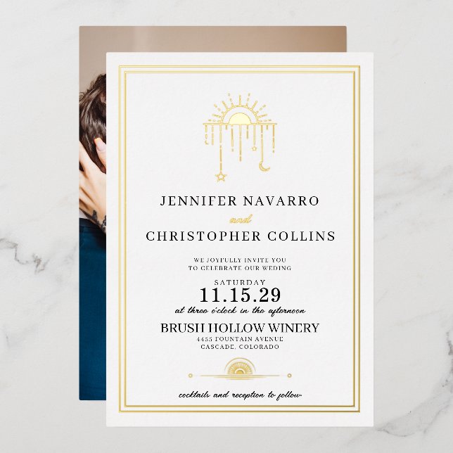 Dainty Celestial con invitación a la boda fotográf (Anverso/Reverso)