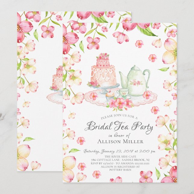 Dainty Pink Floral Bridal Tea Party Invitación (Anverso / Reverso)