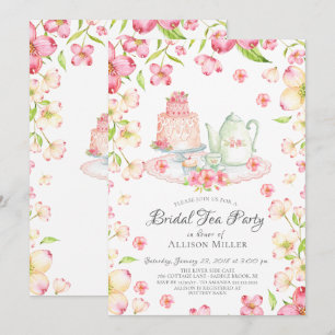 Dainty Pink Floral Bridal Tea Party Invitación