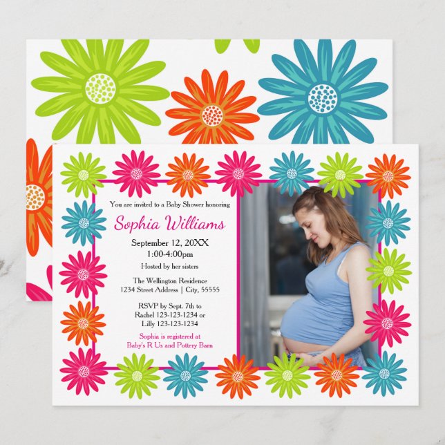 Daisies coloridos - Invitación a Baby Shower (Anverso / Reverso)