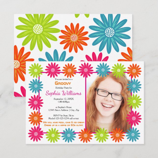 Daisies coloridos - Invitación de cumpleaños 3x5 (Anverso / Reverso)