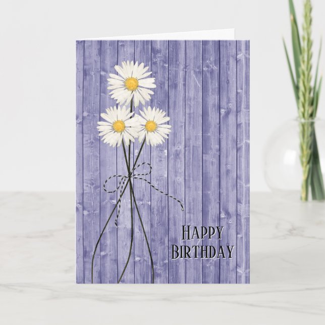 Daisies De Cumpleaños En Tarjeta De Madera Púrpura (Anverso)