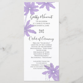 Daisies morados en el programa de la boda blanca