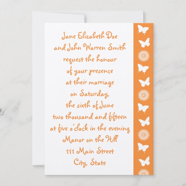 Daisies y mariposas en invitación Naranja (Anverso)