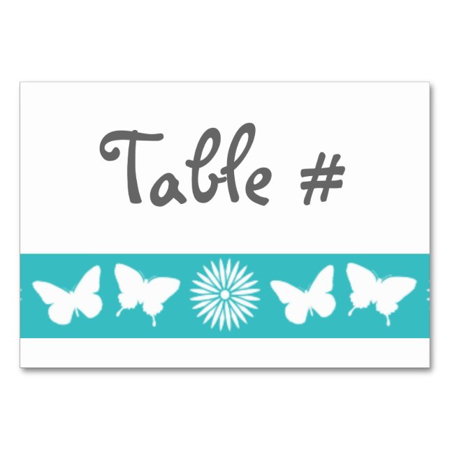 Daisies y mariposas en tarjeta de mesa turquesa (Anverso)