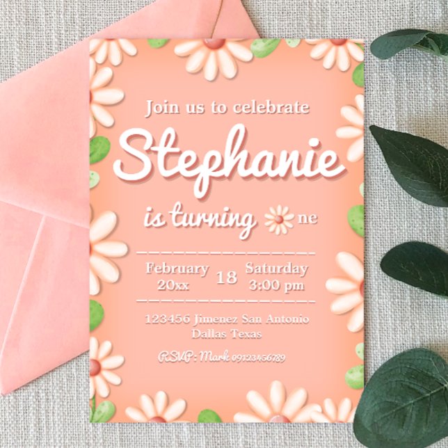 Daisy 1er cumpleaños Chica invitación (Daisy 1st Birthday Girl Invitation - Peach Pastel Color - Boho Themed)