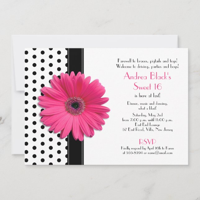 Daisy Black Polka Dot Sweet 16 Invitación (Anverso)
