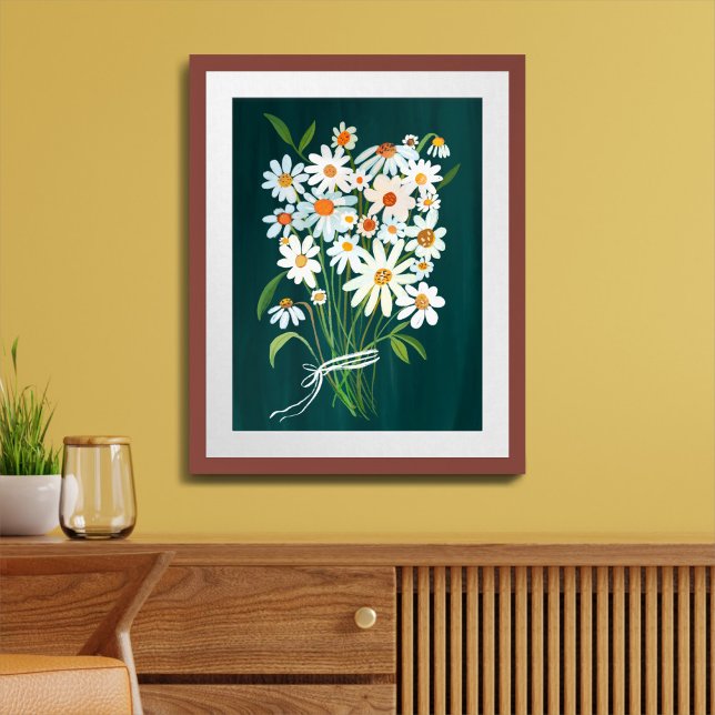 Daisy Bouquet blanco sobre arte de pintura de Goua (White Daisy Bouquet on Teal  Green Gouache Painting Art Poster
)
