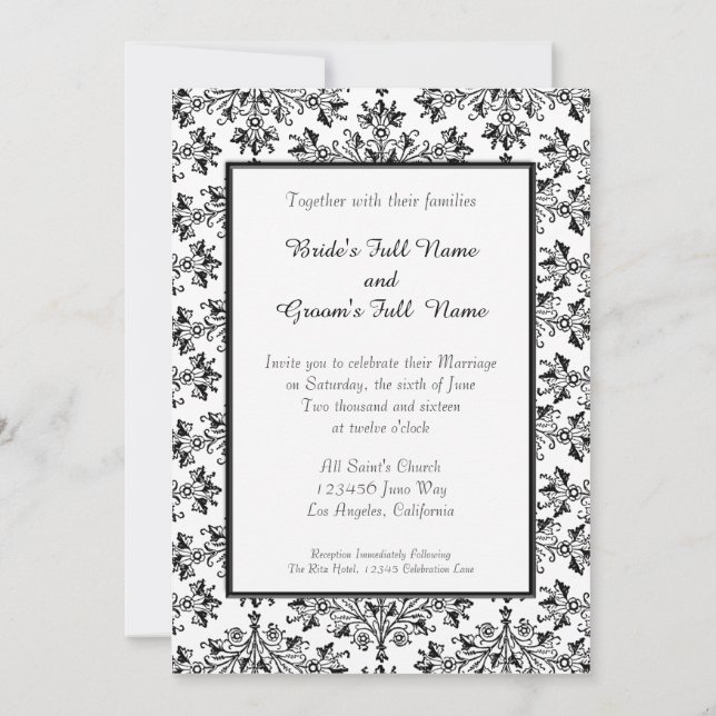Daisy Damask Black Custom Wedding Invitación a la  (Reverso)