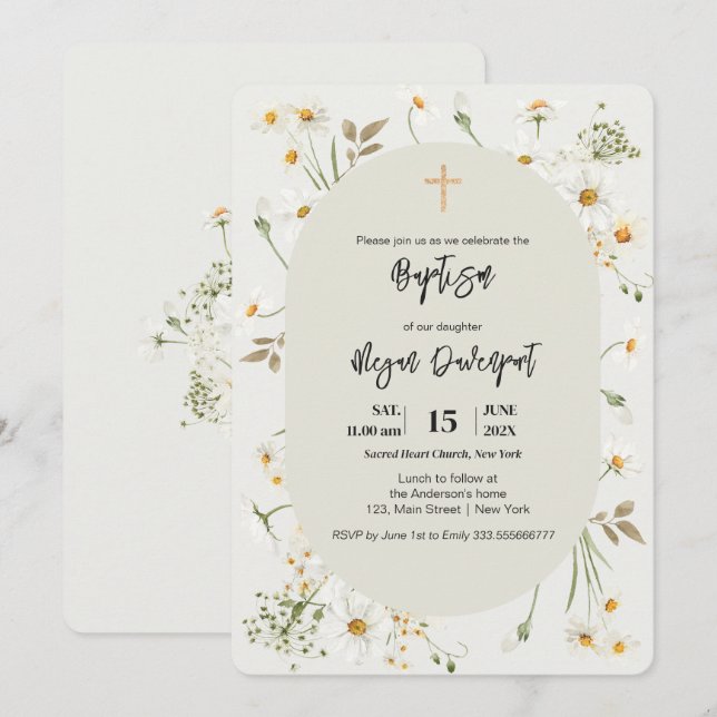 Daisy elegante Floral Boho Baptism Invitación (Anverso / Reverso)