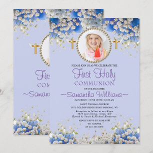 Daisy Floral Azul Foto Primera Invitación De Comun