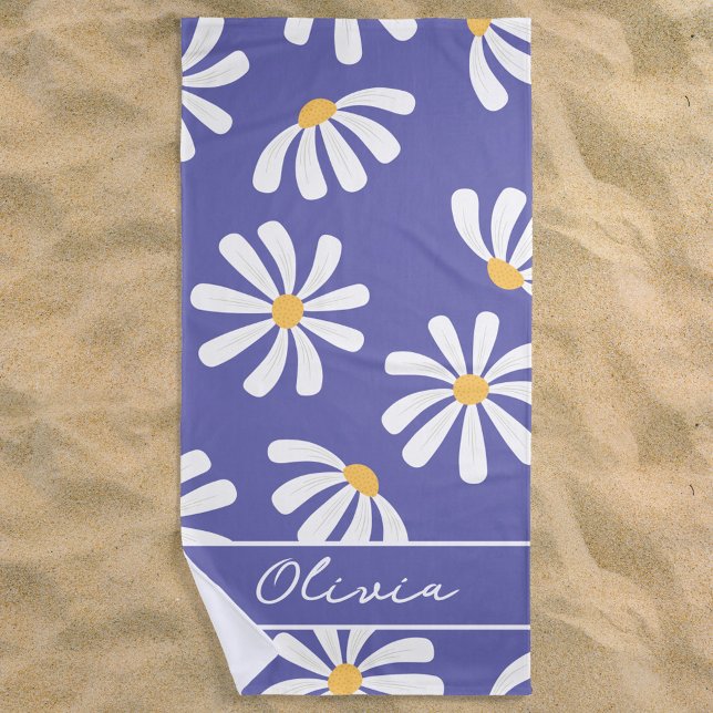 Daisy Floral Periwinkle Monograma Toalla de Playa (Subido por el creador)
