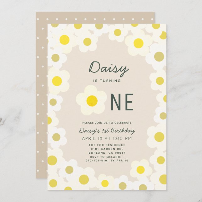 Daisy Floral Taupe Invitación de primer cumpleaños (Anverso / Reverso)
