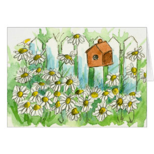 Daisy Garden Birdhouse Watercolor Flores Blank