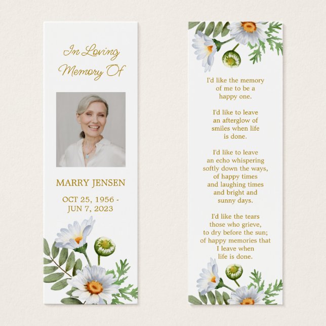 Daisy Photo Funeral Memorial Bookmark (Anverso y reverso)