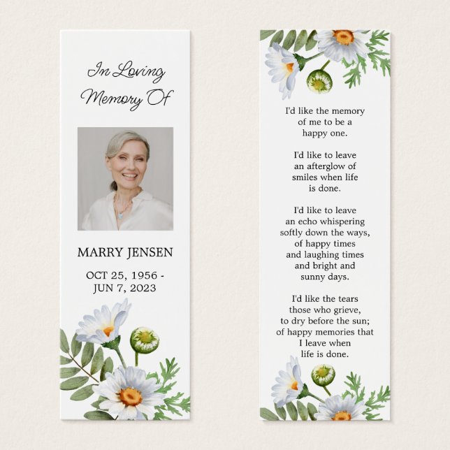 Daisy Photo Funeral Memorial Bookmark (Anverso y reverso)