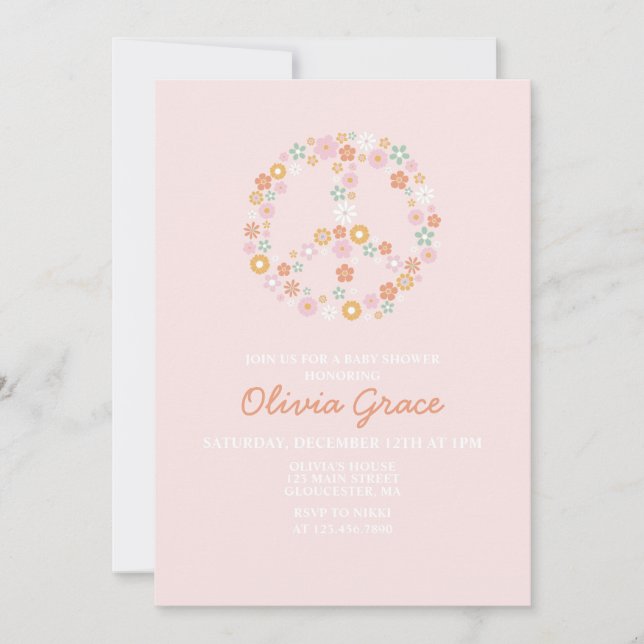 Daisy Pink Retro Paz Amor Invitación a Baby Shower (Anverso)