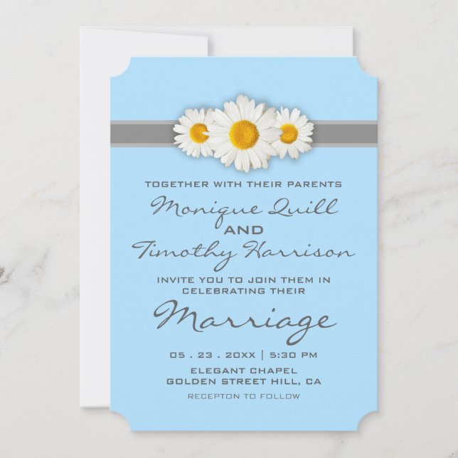 Daisy Ribbon tarjeta de invitación a la boda azul (Anverso)