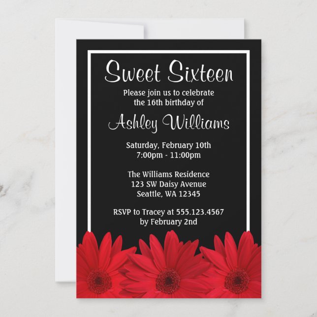 Daisy Sweet rojo y negro 16 invitaciones (Anverso)
