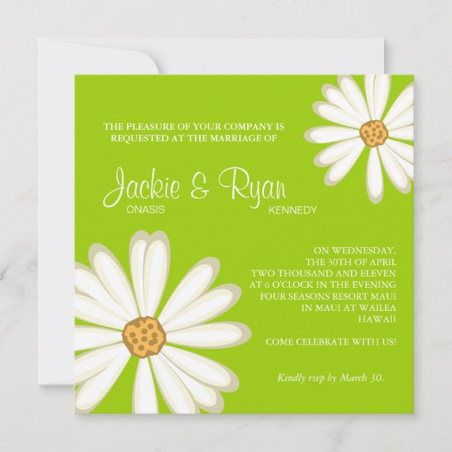 Daisy Wedding Invitación Flor Lime blanca verde (Anverso)