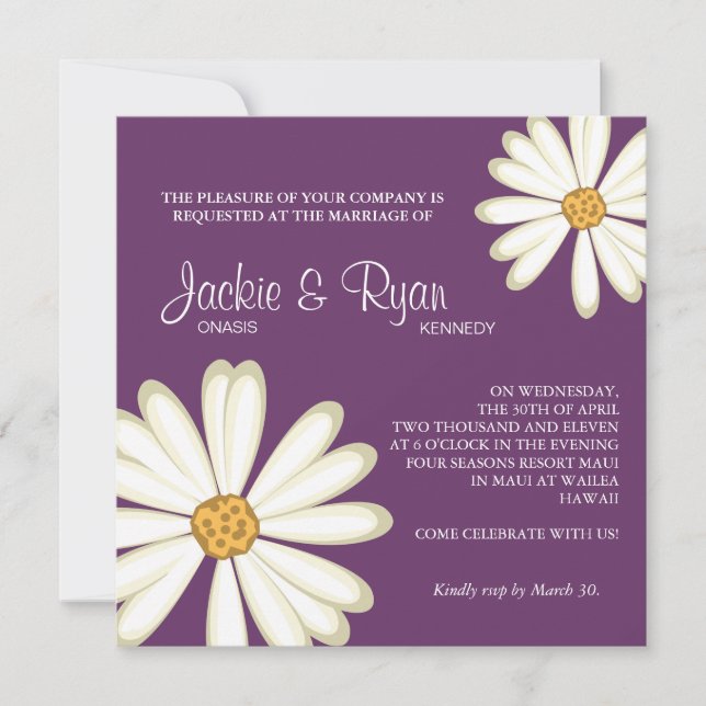 Daisy Wedding Invitación Flor Púrpura blanco (Anverso)