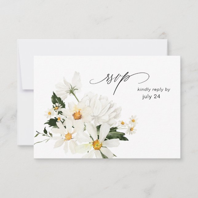 Daisy White Floral w Carne RSVP Tarjeta 3 (Anverso)
