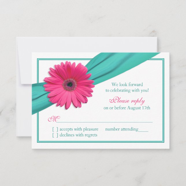 Dalia Gerbera Rosa Listón Turquesa Boda RSVP (Anverso)